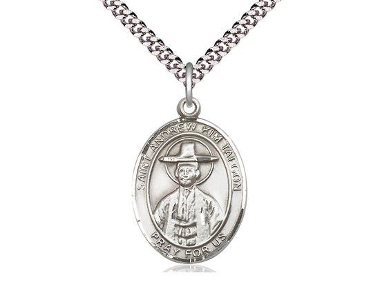 St Andrew Kim Taegon Sterling Silver Pendant on a 24 inch Light Rhodium Heavy Curb Chain.