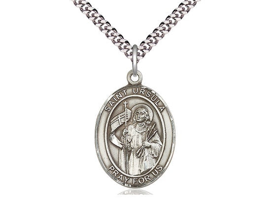 St Ursula Sterling Silver Pendant on a 24 inch Light Rhodium Heavy Curb Chain.