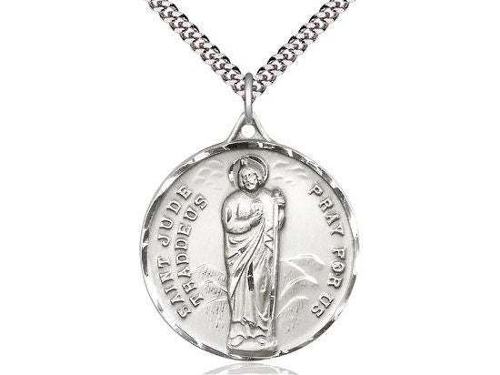 Saint Jude Sterling Silver Pendant on a 24 inch Light Rhodium Heavy Curb Chain.