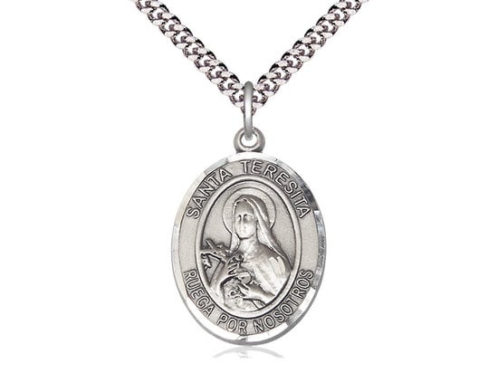 Santa Teresita Sterling Silver Pendant on a 24 inch Light Rhodium Heavy Curb Chain.