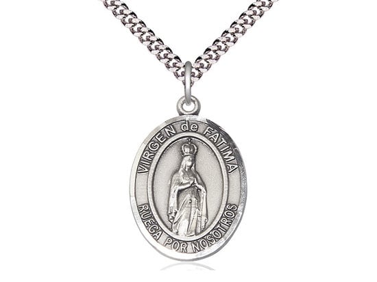 Virgen de Fatima Sterling Silver Pendant on a 24 inch Light Rhodium Heavy Curb Chain.