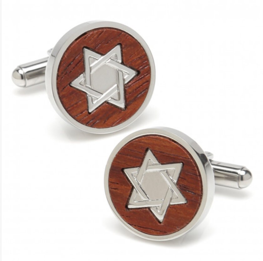 Star of David Round Wood Stainless Steel Cufflinks