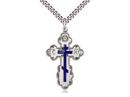 Sterling Silver St. Olga Cross Medal on a Light Rhodium Heavy Curb Chain.