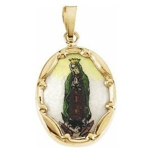 Yellow 17x13 mm Our Lady of Guadalupe Hand-Painted Porcelain Medal