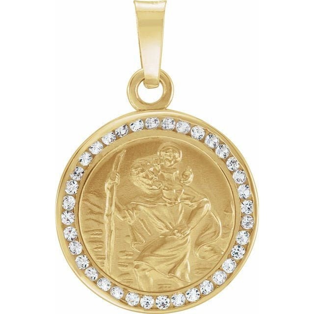 Yellow Created White Sapphire St. Christopher Medal. 1/2" In Diameter