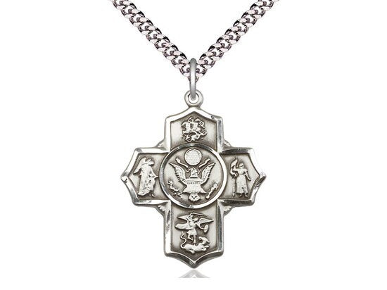 5-Way Army Sterling Silver Pendant on a 24 inch Light Rhodium Heavy Curb Chain.