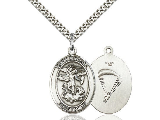 St Michael Paratrooper Sterling Silver Pendant on a 24 inch Light Rhodium Heavy Curb Chain.