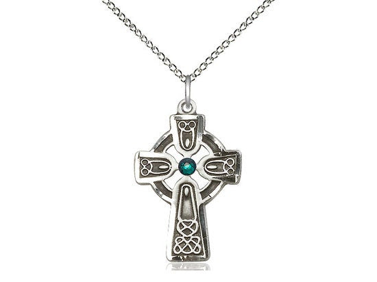 Sterling Silver Celtic Cross Pendant with a 3mm Emerald Swarovski stone on a 18 inch Sterling Silver Light Curb Chain.