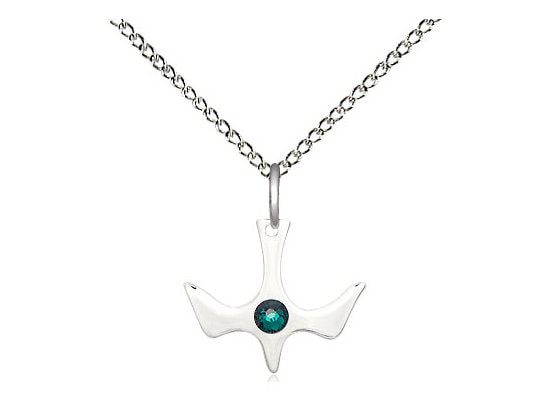 Sterling Silver Holy Spirit Pendant with a 3mm Emerald Swarovski stone on a 18 inch Sterling Silver Light Curb Chain.