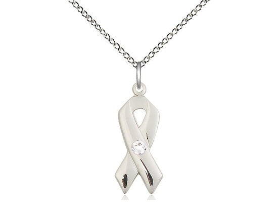 Sterling Silver Cancer Awareness Pendant with a 3mm Crystal Swarovski stone on a 18 inch Sterling Silver Light Curb Chain.