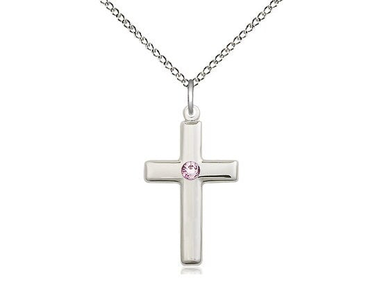 Sterling Silver Cross Pendant with a 3mm Light Amethyst Swarovski stone on a 18 inch Sterling Silver Light Curb Chain.