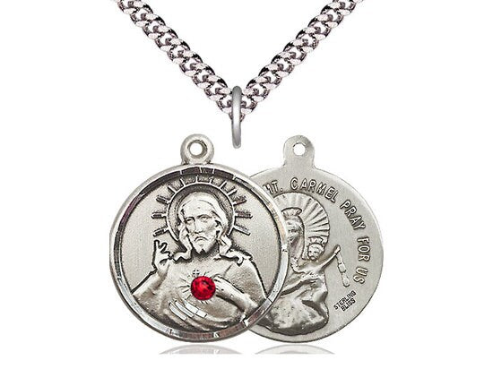 Sterling Silver Scapular Pendant with a 3mm Ruby Swarovski stone on a 24 inch Light Rhodium Heavy Curb Chain.
