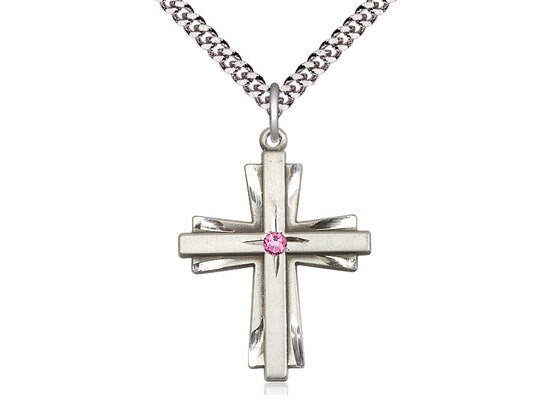 Sterling Silver Cross Pendant with a 3mm Pink Swarovski stone on a 24 inch Light Rhodium Heavy Curb Chain.