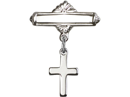 Sterling Silver Baby Badge with Cross Charm and Polished Badge Pin
