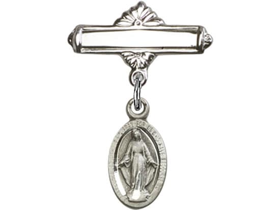 Sterling Silver Baby Badge with Religious Charm and Polished Badge Pin