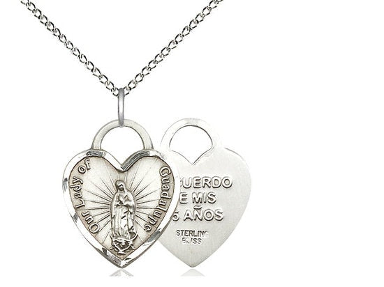 Our Lady of Guadalupe Heart Recuerdo Sterling Silver Pendant on a 18 inch Sterling Silver Light Curb Chain.