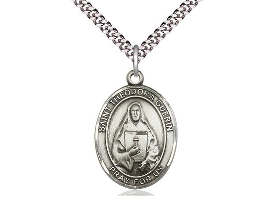 St Theodora Sterling Silver Pendant on a 24 inch Light Rhodium Heavy Curb Chain.