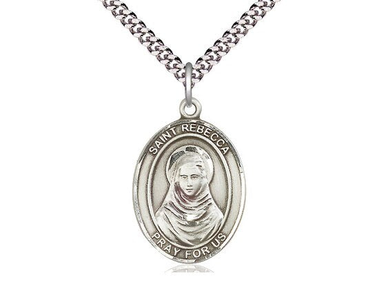 St Rebecca Sterling Silver Pendant on a 24 inch Light Rhodium Heavy Curb Chain.
