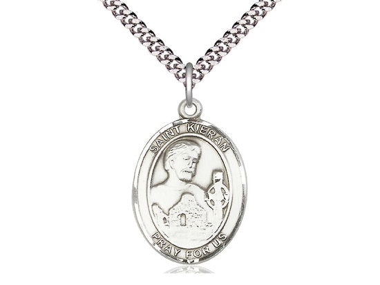 St Kieran Sterling Silver Pendant on a 24 inch Light Rhodium Heavy Curb Chain.