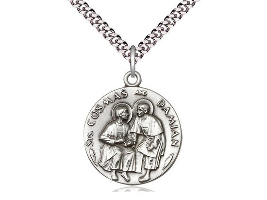 Sts Cosmas & Damian Sterling Silver Pendant on a 24 inch Light Rhodium Heavy Curb Chain.