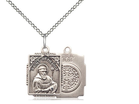 St Benedict Sterling Silver Pendant on a 18 inch Sterling Silver Light Curb Chain.
