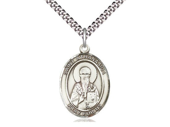 St Athanasius Sterling Silver Pendant on a 24 inch Light Rhodium Heavy Curb Chain.