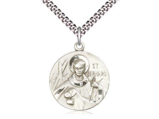 St Bernard of Monjoux Sterling Silver Pendant on a 24 inch Light Rhodium Heavy Curb Chain.