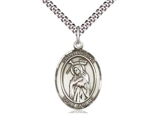 St Regina Sterling Silver Pendant on a 24 inch Light Rhodium Heavy Curb Chain.