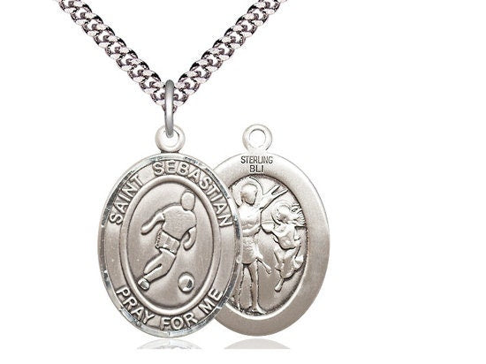 St Sebastian Soccer Sterling Silver Pendant on a 24 inch Light Rhodium Heavy Curb Chain.