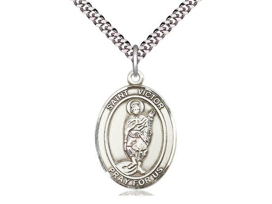 St Victor of Marseilles Sterling Silver Pendant on a 24 inch Light Rhodium Heavy Curb Chain.