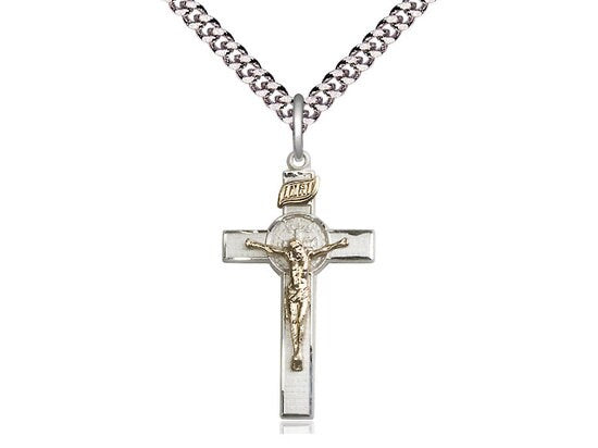 2-Tone Sterling Silver / Gold Filled St. Benedict Crucifix Pendant on a 24 inch Light Rhodium Heavy Curb Chain.