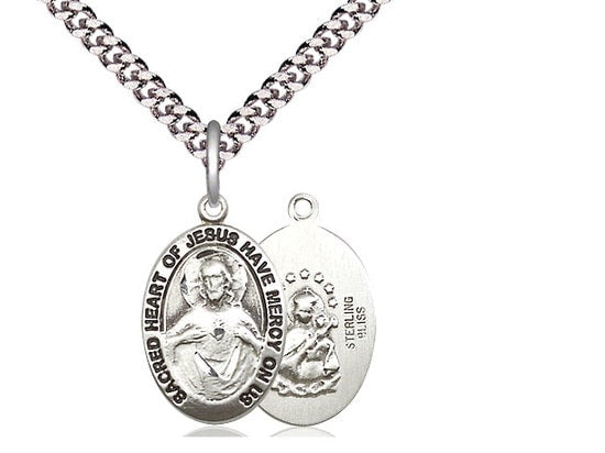 Sterling Silver Scapular Pendant on a 24 inch Light Rhodium Heavy Curb Chain.