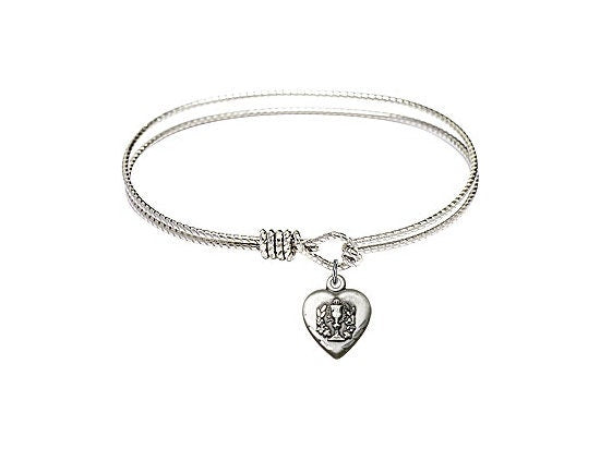 7 1/4 inch Oval Eye Hook Rhodium Bangle Bracelet with a Pewter Heart / Communion charm.