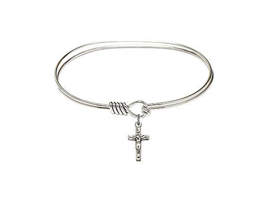 7 inch Oval Eye Hook Rhodium Bangle Bracelet with a Pewter Crucifix charm.
