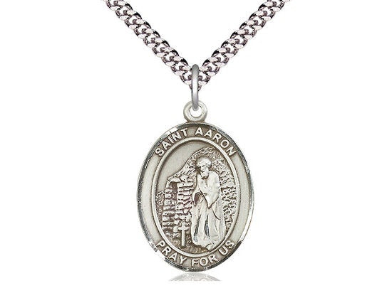 St Aaron Sterling Silver Pendant on a 24 inch Light Rhodium Heavy Curb Chain.