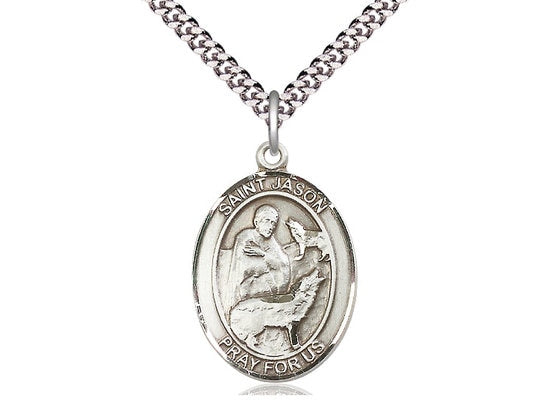 St Jason Sterling Silver Pendant on a 24 inch Light Rhodium Heavy Curb Chain.