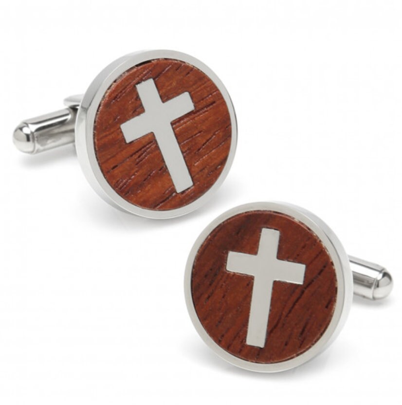 Cross Round Wood Stainless Steel Cufflinks