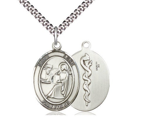 St. Luke the Apostle Doctor Sterling Silver Pendant on a 24 inch Light Rhodium Heavy Curb Chain.