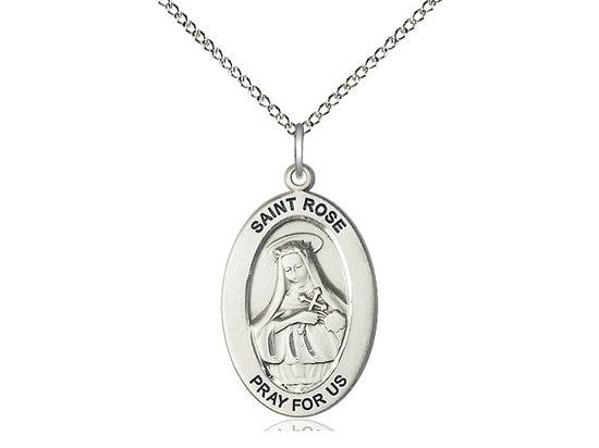 St. Rose of Lima Sterling Silver Pendant on a 18 inch Sterling Silver Light Curb Chain.