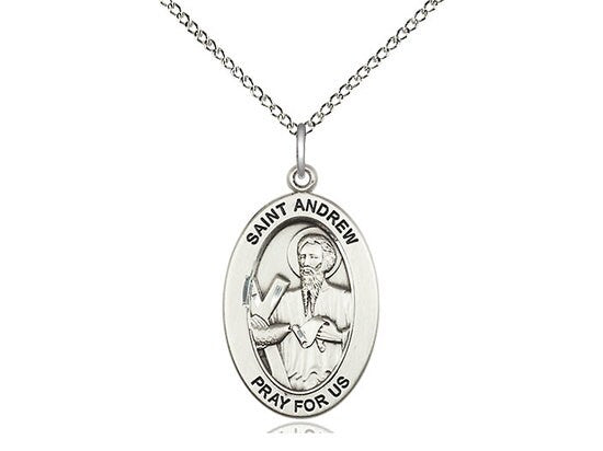 St. Andrew the Apostle Sterling Silver Pendant on a 18 inch Sterling Silver Light Curb Chain.