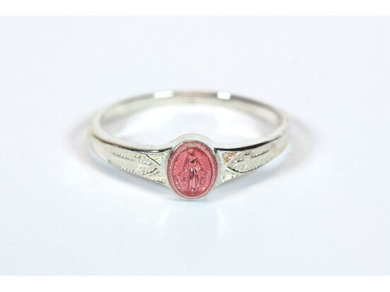 Sterling Silver Religious Ring w/Pink Epoxy