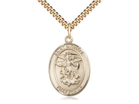 Gold Filled St. Michael the Archangel on a 24 inch Gold Plate Heavy Curb Chain.