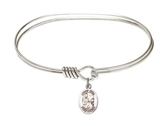 Saint Fina Sterling Silver Charm on a 7 inch Oval Eye Hook Rhodium Bangle Bracelet