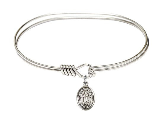 Saint Isidore the Farmer Sterling Silver Charm on a 7 inch Oval Eye Hook Rhodium Bangle Bracelet