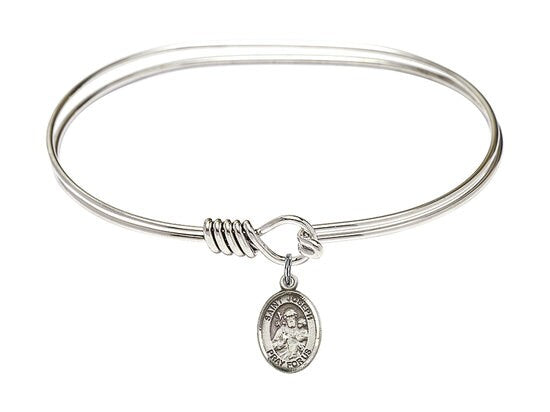Saint Joseph Sterling Silver Charm on a 7 inch Oval Eye Hook Rhodium Bangle Bracelet
