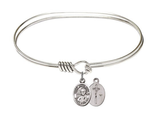 Saint John Paul II Sterling Silver Charm on a 7 inch Oval Eye Hook Rhodium Bangle Bracelet