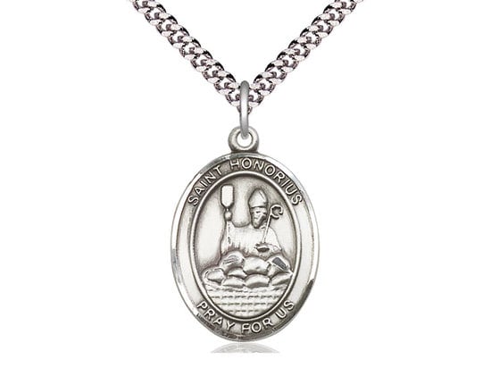 St Honorius Sterling Silver Pendant on a 24 inch Light Rhodium Heavy Curb Chain.