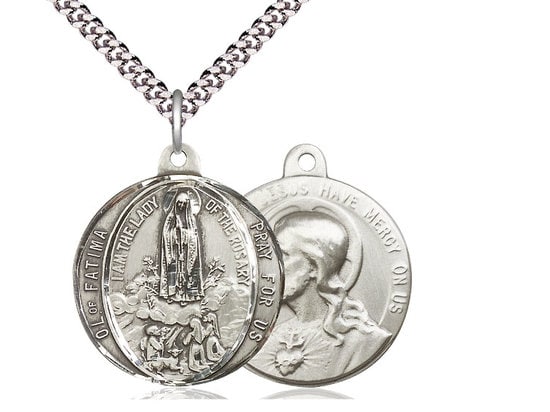 Our Lady of Fatima / Sacred Heart of Jesus Sterling Silver Pendant on a 24 inch Light Rhodium Heavy Curb Chain.