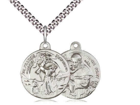 Saint Francis of Assisi / Saint Anthony Sterling Silver Pendant on a 24 inch Light Rhodium Heavy Curb Chain.