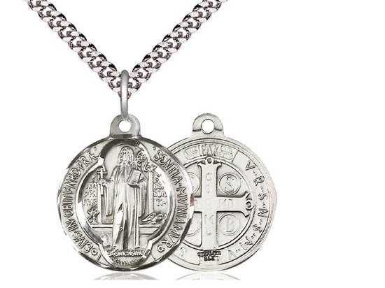 St Benedict Sterling Silver Pendant on a 24 inch Light Rhodium Heavy Curb Chain.